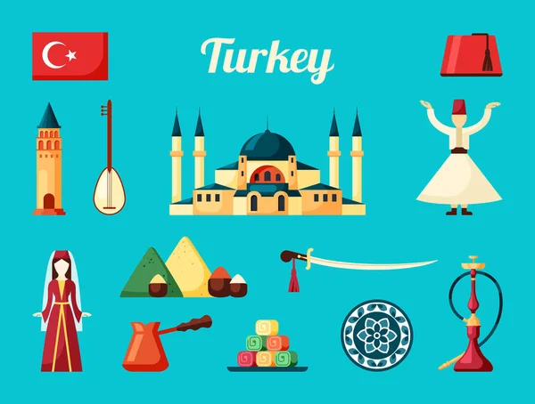 Turquía cultura conjunto. Antigua mezquita histórica bailando derviche oriental dulces variedad de especias especias especias rojo hookah mosaico con patrones florales cezva con café. Dibujos animados vector étnico. — Vector de stock