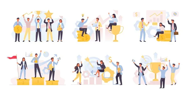 Business team winning and achieving set. Financial successful people is leaders exchange analytics marketing competitions profitable corporate startup with rating and golden cup best. Vector victory. — Stock Vector