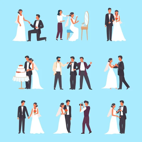 Τελετή γάμου έτοιμη. Γαμπρός και νύφη κρατώντας γυαλιά άνδρας με σμόκιν γυναίκα λευκό φόρεμα κοπής γαμήλια τούρτα ρομαντικό ζευγάρι αίθουσα χορού νύφη ντύνεται μπροστά καθρέφτη κομψό φιλί. Διάνυσμα εορτασμού. — Διανυσματικό Αρχείο