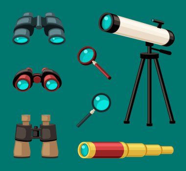 Büyütme optik cihazları ayarlanıyor. Astronomi gözlemlemek için sabit beyaz teleskop yıldızların geri çekilebilir dürbün alanı ve metni görmek için askeri dürbün büyüteç. Vektör ölçeklendirmesi.
