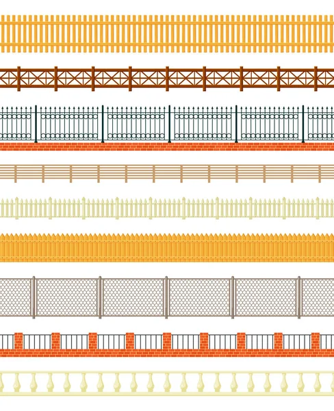 Variedades de cercas establecidas. Madera larga y vigas de hierro soldadas paneles de malla de alambre calado de fundición con corazones rústicos simples más o menos tejidas juntas de tablas de ladrillo de granja de madera. Vector decorativo. — Vector de stock