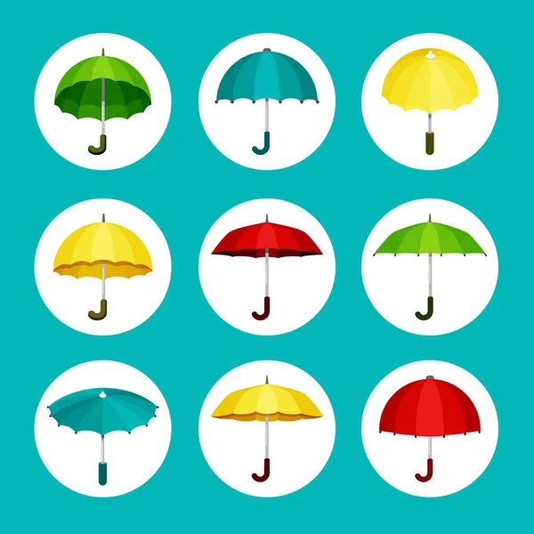 Paraguas de colores. Conveniente protección verde lluvia y sol amarillo instrumento meteorológico de mal tiempo abovedado y estructura plana rescate cataclismos húmedos con buen humor. Cómodo vector. — Vector de stock