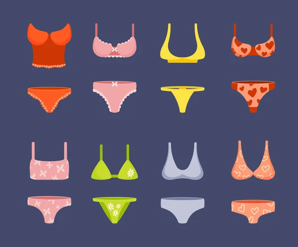 Vrouwen ondergoed set. Glamoureuze gele string en bikini 's kant roze slipje en beha met harten elegante sensuele groene textiel met madeliefje erotische model schoonheid. Modieuze vector. — Stockvector