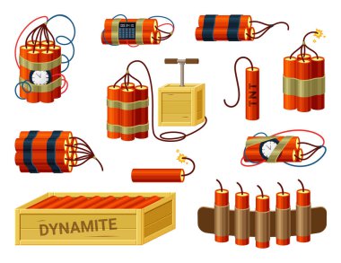 Dynamite bundles set. Box with ready explosives cartridge belt with miniature fuses red sticks with timer prepared bomb with hand detonators burning cable of detonating device TNT. Vector hazard. clipart