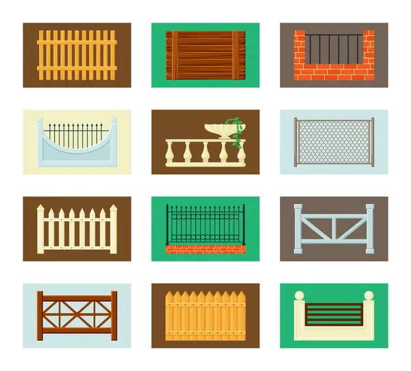 Cercas y barreras establecidas. Ladrillo de casa de campo de madera con malla de hierro antiguas columnas talladas y maceta con plantas decorativas forjadas flechas y círculos tallados en piedra retro. Diseño vectorial. — Vector de stock