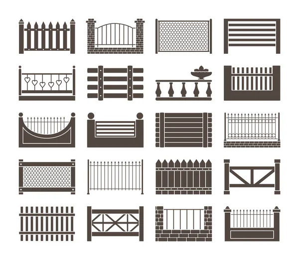 Fence and barriers sections set. Simple monochrome rustic roughly knitted together from boards wooden openwork casting with hearts farmhouse brick with iron mesh antique carved. Vector cartoon. — Stock Vector