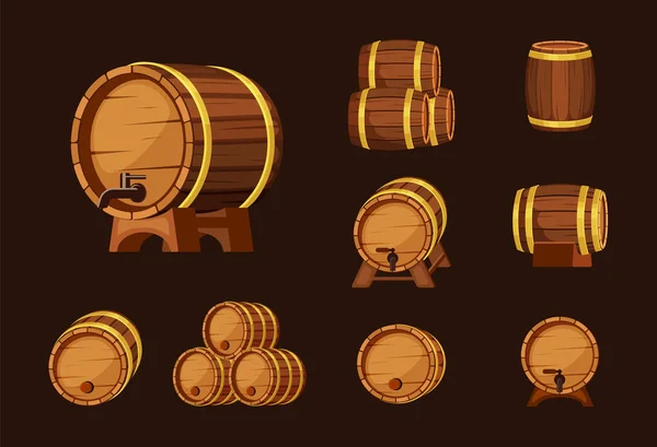 Conjunto de barricas de madera vino. Envases de tablón de roble con grifos y tapones contenedores marrones para almacenar líquidos almacenamiento conveniente para el coñac en la destilería tradicional industria cervecera. Bebida vectorial. — Vector de stock