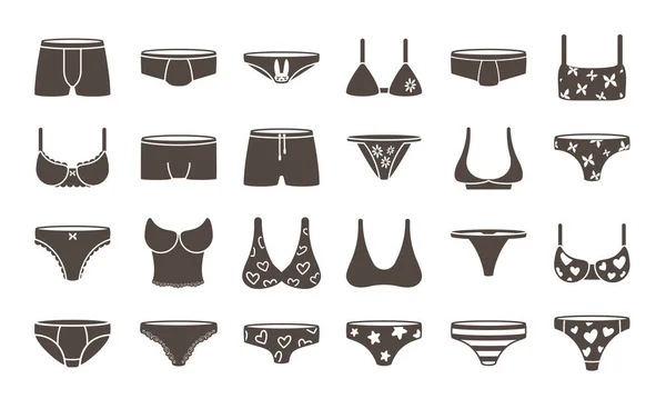 Mens and womens underwear monochrome set. Bodycon bikini glamorous thongs swim shorts and and mini lace panties bra with hearts elegant sensual textiles with picture. Cartoon vector. — Stock Vector
