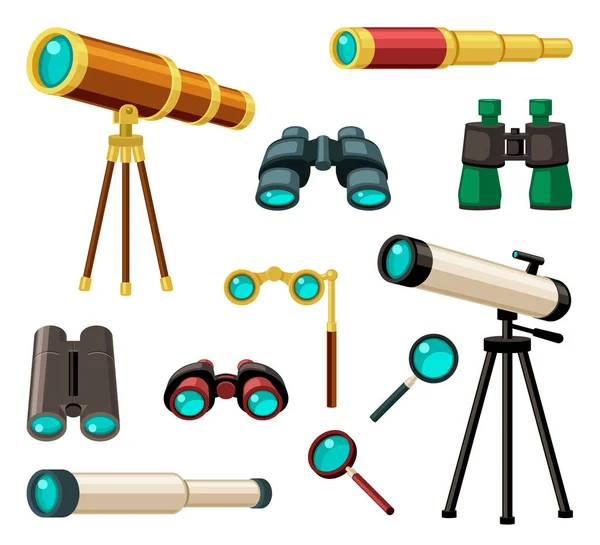 Divers instruments d'optique réglés. Élégant or plaqué rétro monocle antique et moderne astronomie télescope observant étoiles rétractables jumelles de verre espion loupe texte de visualisation. Caricature vectorielle voir. — Image vectorielle