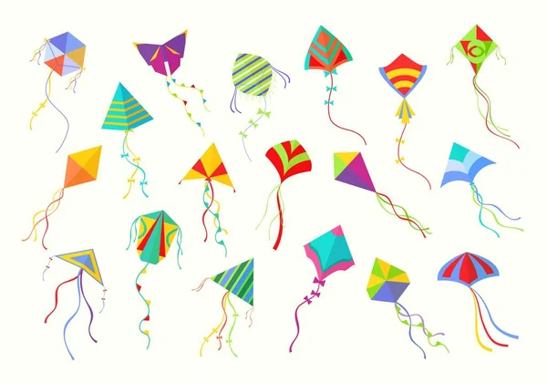 Cometas voladoras. Hermosos accesorios geométricos en forma de diversión de color para el lanzamiento en el cielo de cartón de papel alegrías activo pasatiempo de verano de los niños con cintas y arcos al aire libre. Dibujos animados vector libertad. — Vector de stock