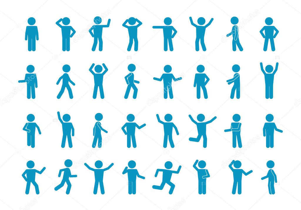 Movement stick man set. Symbol reflection and joyful blue greeting simple poses and active actions abstract people running and slow walking pose of amazement despair with hands. Vector expression.