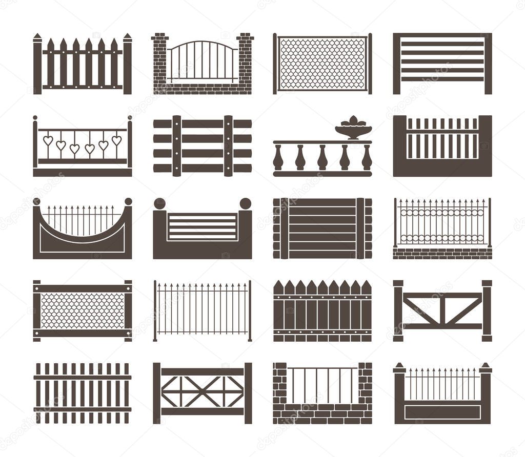 Fence and barriers sections set. Simple monochrome rustic roughly knitted together from boards wooden openwork casting with hearts farmhouse brick with iron mesh antique carved. Vector cartoon.