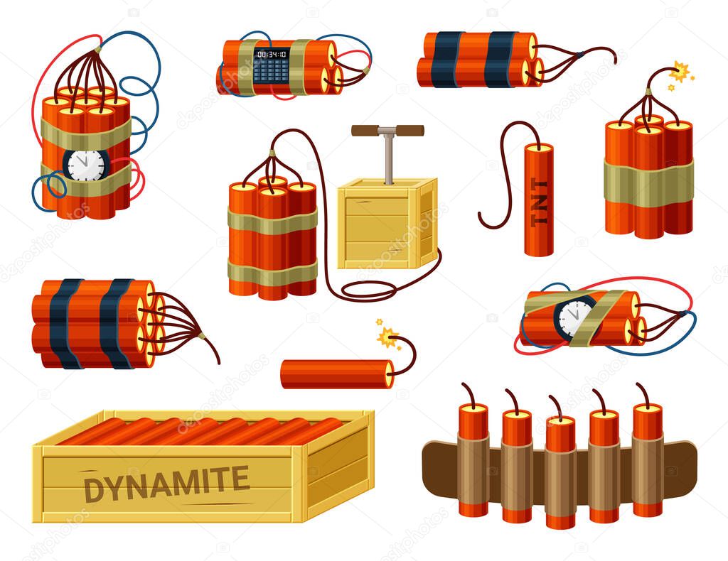 Dynamite bundles set. Box with ready explosives cartridge belt with miniature fuses red sticks with timer prepared bomb with hand detonators burning cable of detonating device TNT. Vector hazard.