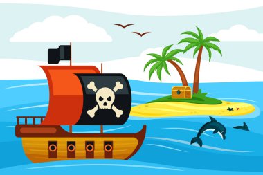 Korsan gemisi hazine adası illüstrasyonuna doğru gidiyor. Palmiye körfezi yakınlarında siyah yelkenli Corsair firkateyni İspanyol kalyonlarından yağmalanmış hazineler. Çizgi film milletvekili engelleyici vektörü.