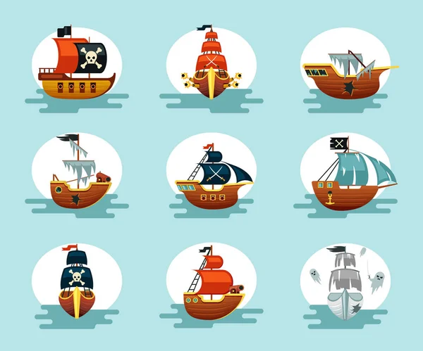 海賊漫画船セット。コルセアのスクーナーをプレイすると、大砲やアンカーが幽霊や頭蓋骨の新しいフリゲート旗とクロスセイバーとオランダのガレオン飛行帆をラグ。ベクトル海上戦. — ストックベクタ