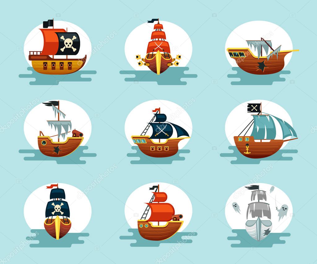 Pirate cartoon ships set. Play corsair schooners ragged sails with cannons and anchors flying dutch galleon with ghosts and new frigates flag of skull and crossed sabers. Vector sea battle.
