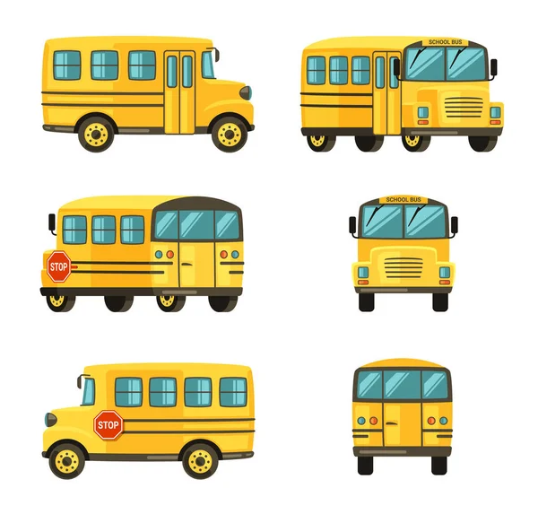 Schoolbus vanuit verschillende hoeken. Geel voertuig voor het vervoer van basisschoolkinderen gezellige comfortabele beweging in moderne veilige auto en reizen educatieve excursies. Cartoon vector. — Stockvector