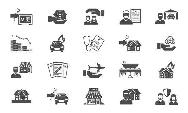 Insurance support icons set. Payment damages from disasters private business and family support protection from private house fire financial bankruptcy safety of personal vehicles. Vector silhouette. — Stock Vector