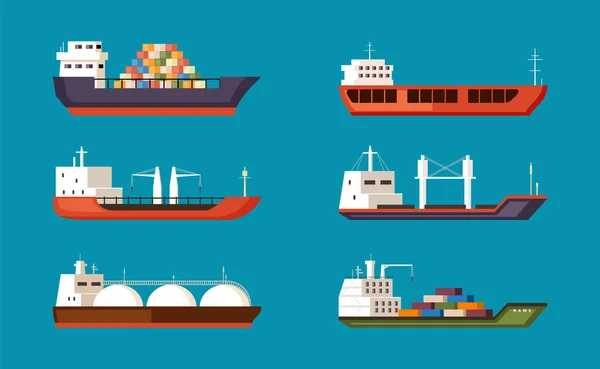 Cargo ships set. Large transport water carriers with industrial volume commercial tankers with sea delivery any ports in world international trade and delivery of large nautical cargo. Vector flat