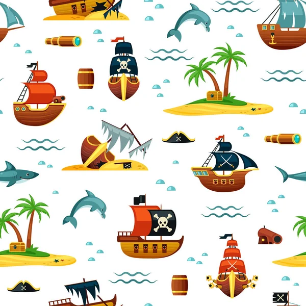 Barcos piratas y tesoros patrón sin costuras. Montañas de oro de barcos destrozados y palmas verdes isla con el pecho azul delfines corsario fragatas velas rojas y negro cabeza muerta. Dibujos animados juego vector. — Archivo Imágenes Vectoriales