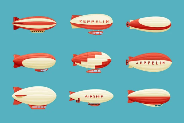 Aeronaves prontas. Zeppelin retro com listras brancas vermelhas cabines para passageiros alongou balões enormes com hélio para o turismo de viagens livre transporte confortável para qualquer parte do mundo. Aventura vetorial. — Vetor de Stock