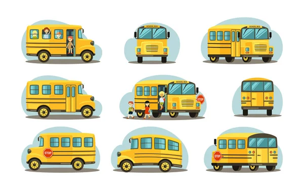 Schoolbus in verschillende vormen. Passagier gele auto met vrolijke kinderen voertuig voor het vervoer van basisschoolkinderen gezellige beweging in moderne veilige auto en reizen excursies. Cartoon auto vector. — Stockvector