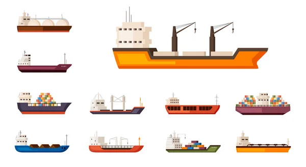 貨物海コンテナ船が設定されます。船上にクレーンを搭載した重い船任意のポートを海の配信と産業ボリュームの商用タンカーと大規模な輸送水キャリア。ベクトル貨物フラット — ストックベクタ