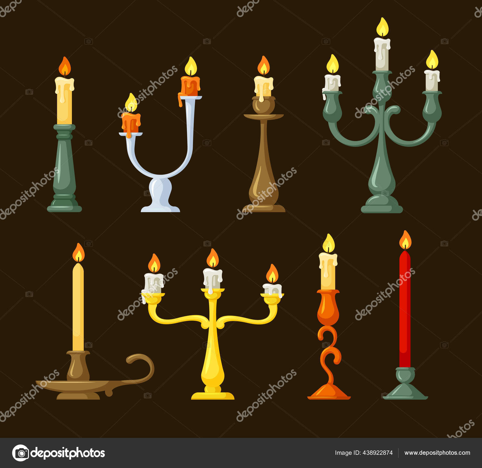 Vintage candlesticks set. Old green twisted wax candle holders in elegant  victorian style decorative yellow bronze and decorations traditional  lighting before introduction electricity. Vector decor. Stock Vector by  ©Alexcardo 438922874