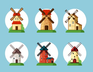 Yel değirmenleri hazır. Çizgi film tarzında un öğütmek için eski binalar geleneksel tarım ekipmanları fırınlar kırmızı tuğla cepheler ve sarı ahşap etnik mimari rüzgar enerjisi. Vektör kırsal tasarımı.
