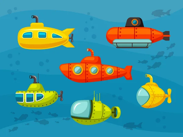 Submarinos prontos. Amarelo design hilariante bathyscaphes e ferro vermelho scuba flutua com hélices e vigias redondas divertido mergulho profundo e exploração subaquática. Desenhos animados vector profundo. — Vetor de Stock