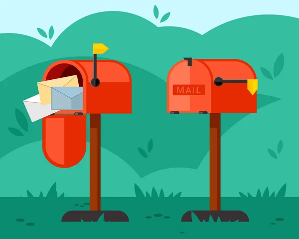 Geopende en gesloten mailbox illustratie. Rode container met lang been overlopen met letters en leeg wachten op correspondentie op groen gazon wachten op de nodige informatie. Vectormailing. — Stockvector