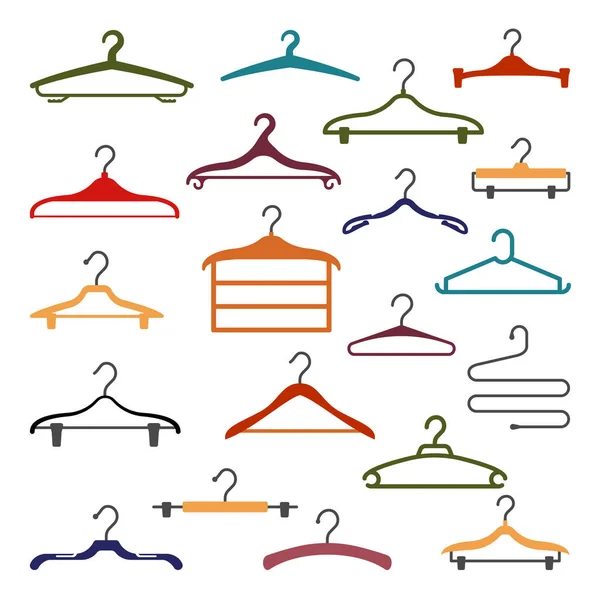 Trempel voor kleding collectie. Houten plastic rode hangers handig hulpmiddel voor het ophangen van dingen in huis stijlvolle vormen met gebogen groene lijnen in verschillende gele variaties. Vectorkledingkast. — Stockvector