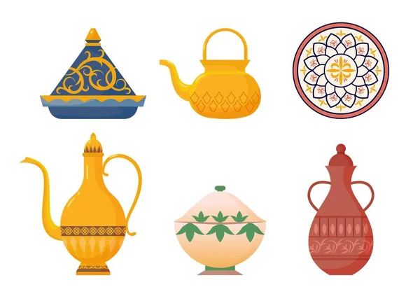 Ensemble de plats orientaux arabes. Théières jaunes antiques avec motifs musulmans ornés cruche d'eau rouge avec plat orné pot de porcelaine marocaine blanche turque soupe tureen pour les repas chauds. Vecteur de dessin animé ethnique. — Image vectorielle