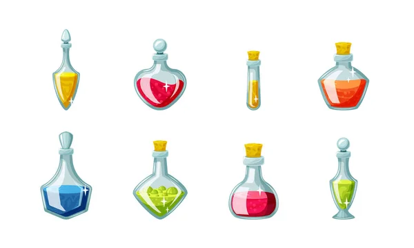 Sihirli iksir şişeleri hazır. Oyun mekaniği için kırmızı iksirli cam mataralar ve yeşil kimyasal madde ile baloncuklu sarı simya sıvısı mantarları. Vektör iksiri yapımı. — Stok Vektör