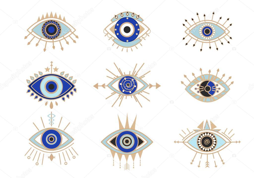 Occult eyes symbols set. Esoteric signs with circle and arrows mystical amulets with geometric figures of religious secrets.