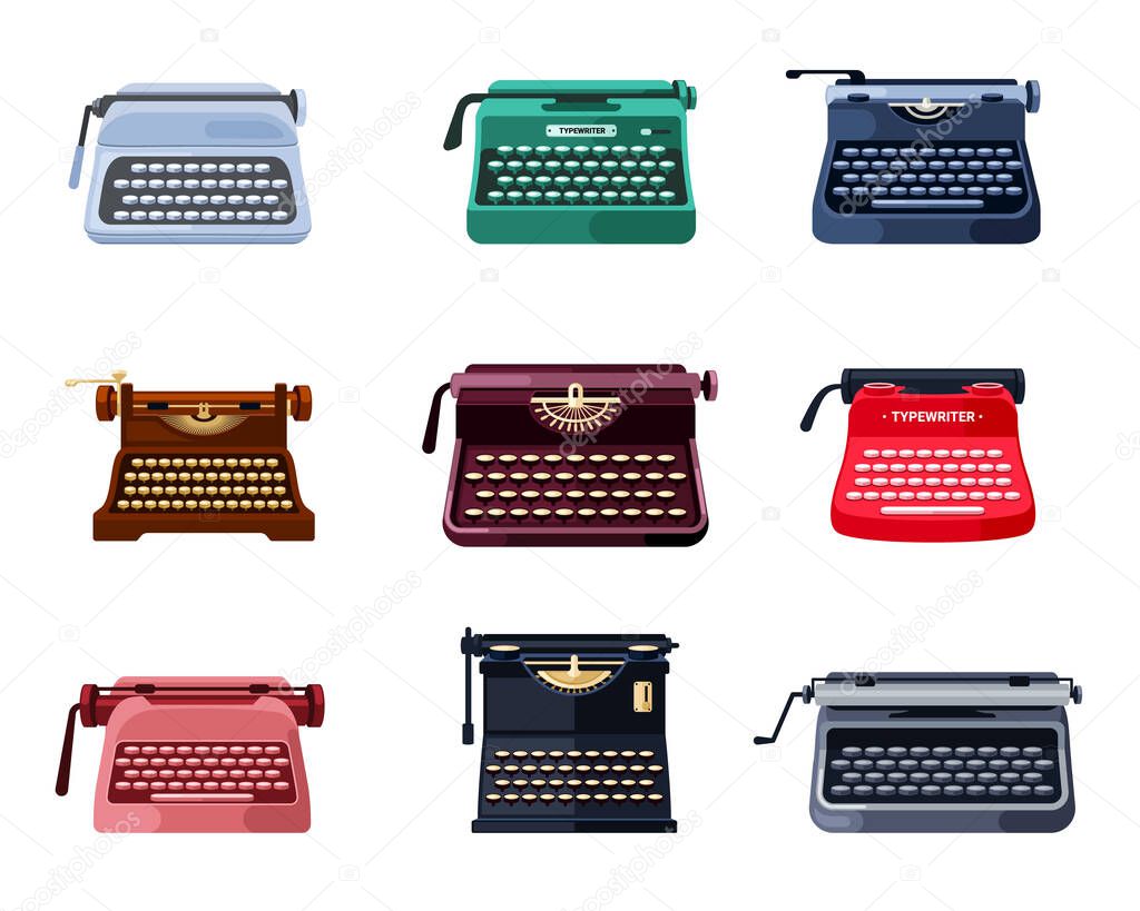 Printed retro typewriters set. Stylish old mechanical instruments for printing documentation and fiction classic red tool of writer screenwriter push button green and publications. Vector literature.