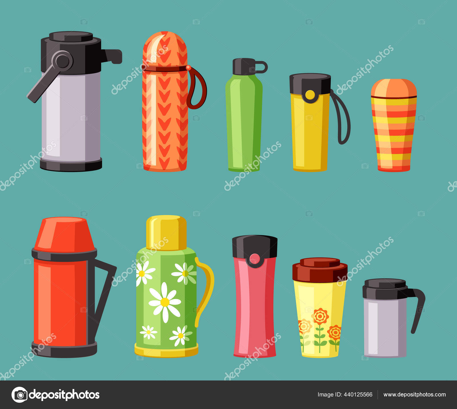 Thermoses and thermo mugs set. Red plastic stainless steel containers for hot  drinks green daisy design for coffee tea to go stylish yellow cups with  screw caps. Cartoon thermal vector. Stock Vector