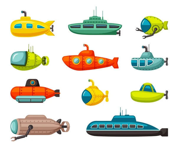 Ubåtar och batyscaforer inställda. Rött fordon med robotarmar och militär med skanningsantenner gula scuba flyter med propellrar runda pontoler roligt undervattensutforskning. Vektor tecknad film. — Stock vektor