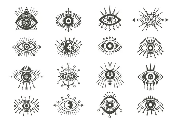 Символы мистических глаз установлены. Эзотерические знаки со священным кругом зрения и стрелами оккультизма выглядят амулетами с геометрическими фигурами религиозных тайн астральных миров и вселенных. Векторное зрение. — стоковый вектор