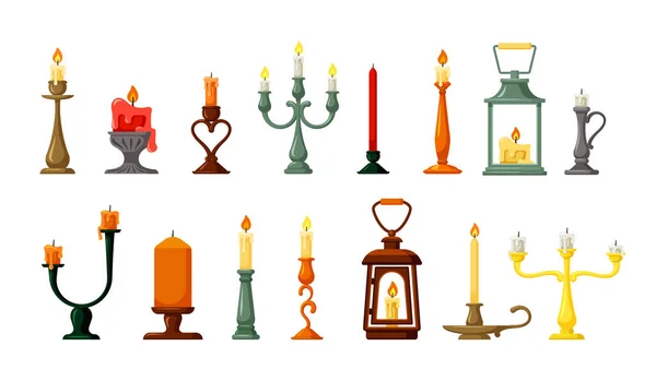 Retro Kerzenständer und Lampen Set. Old Hand Laternen mit Kerze grün gedreht Wachshalter eleganten viktorianischen Stil dekorative gelbe Bronze und Dekorationen traditionelle Beleuchtung. Vektor-Catoon-Dekor. — Stockvektor