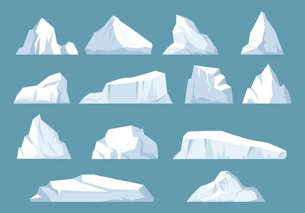 Variedades icebergs conjunto. Forma geométrica flotante de hielo en el océano ártico masiva superficie blanca con peligro submarino roca polar antártica romper con la costa y viajar por mar. Congelación de vectores. — Vector de stock
