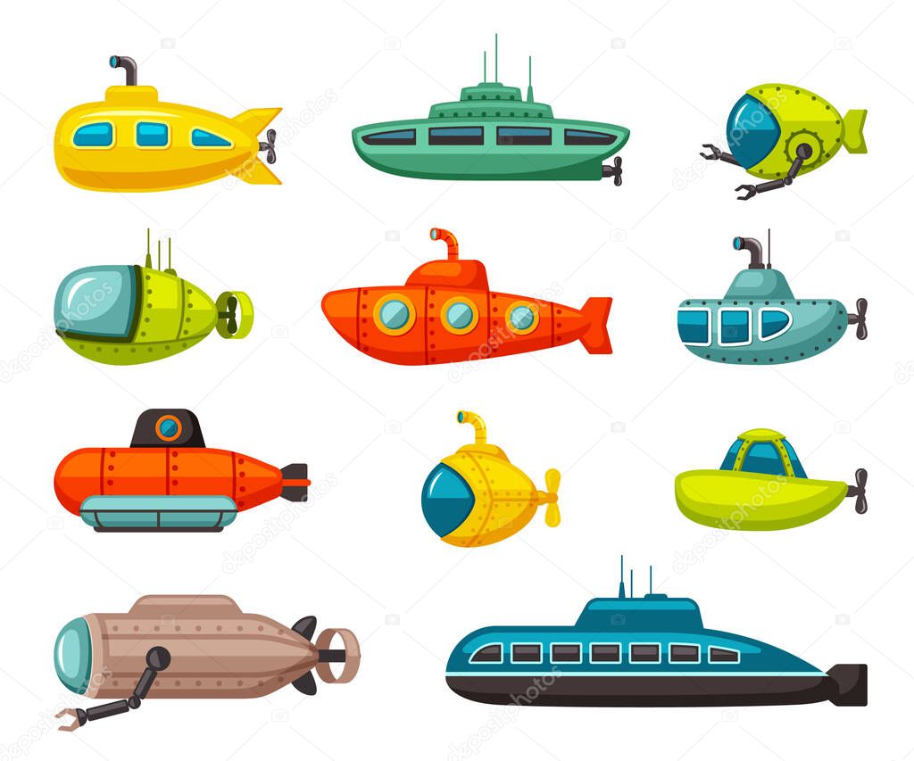 Submarines and bathyscaphes set. Red vehicle with robotic arms and military with scanning antennas yellow scuba floats with propellers round portholes fun underwater exploration. Vector cartoon.