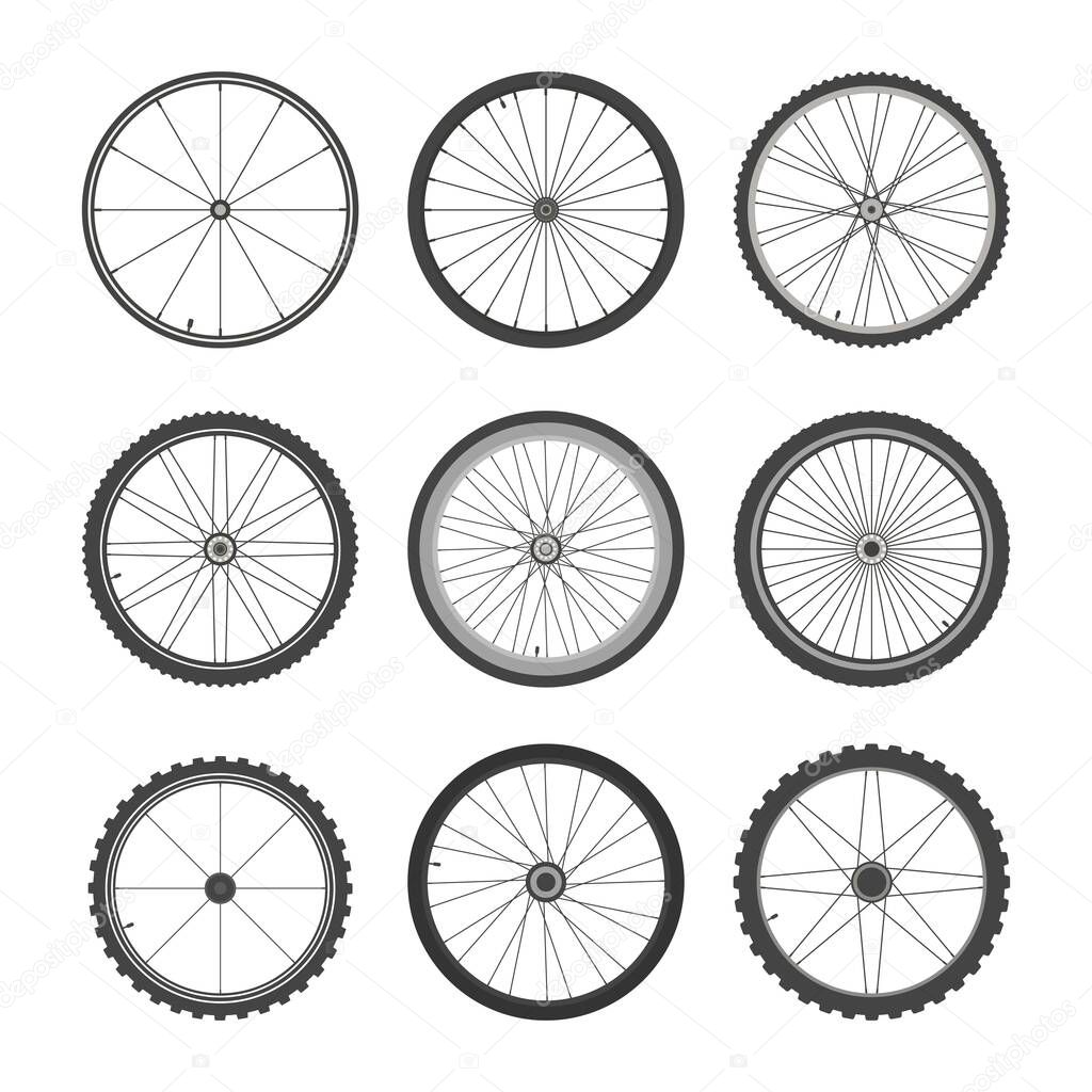 Bicycle wheels set. Circle with professional tires and spoke tracery for fast and high quality driving extreme sports and high speeds relief tires with powerful aluminum rims. Vector travel.