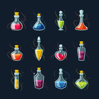 Kimyasal iksir sihirli şişeleri ayarlandı. Kırmızı iksir yenilenmesi ve sihirli mana yenilenme şişeleri oyun mekaniği için iksir ve yeşil madde ile baloncuklar. Vektör karikatürü.