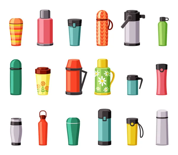 Thermo tasses et thermos réglés. Conteneurs en plastique rouge en acier inoxydable pour les randonnées et le déjeuner chaud dans les boissons chaudes de bureau design marguerite verte tasses jaunes pour le thé au café à emporter. Vecteur de bande dessinée. — Image vectorielle