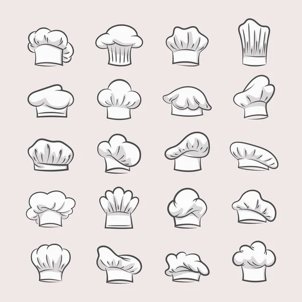 Chefs profesionales sombreros conjunto. Contornos de sombreros para pastelería y pastelería diseño uniforme de moda con rizos y pliegues culinarios. — Archivo Imágenes Vectoriales