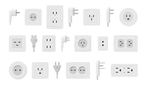 Sockets and plugs set. White electrical connectors and holes line connection current supply single and double plastic connector for euro equipment and industrial devices. Vector power grid. — Stock Vector