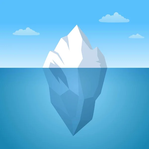 Iceberg flotando en la ilustración oceánica. Enorme bloque blanco de hielo se desplaza a lo largo de la corriente azul con la parte submarina masiva una ruptura de roca ártica de la costa antártica norte. Dibujos animados helada vector. — Vector de stock