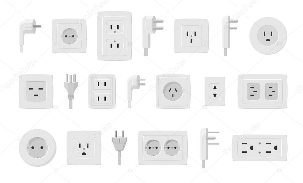 Sockets and plugs set. White electrical connectors and holes line connection current supply single and double plastic connector for euro equipment and industrial devices. Vector power grid.