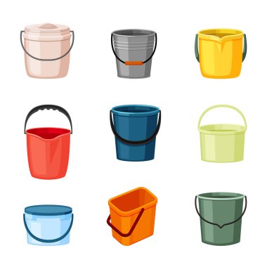 Plastik ve metal kovalar hazır. Gerekli olan yeşil alüminyum sıvıları taşımak için kırmızı kap ev aletlerinin tamirine ve bahçe sulama aletlerinin sağlam tutamaklarına yardımcı olur. Çizgi film vektörü.